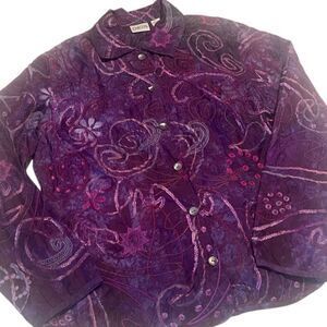 Chico's Deep Purple Silk Embroidered Button Up Collar Blouse Size Medium